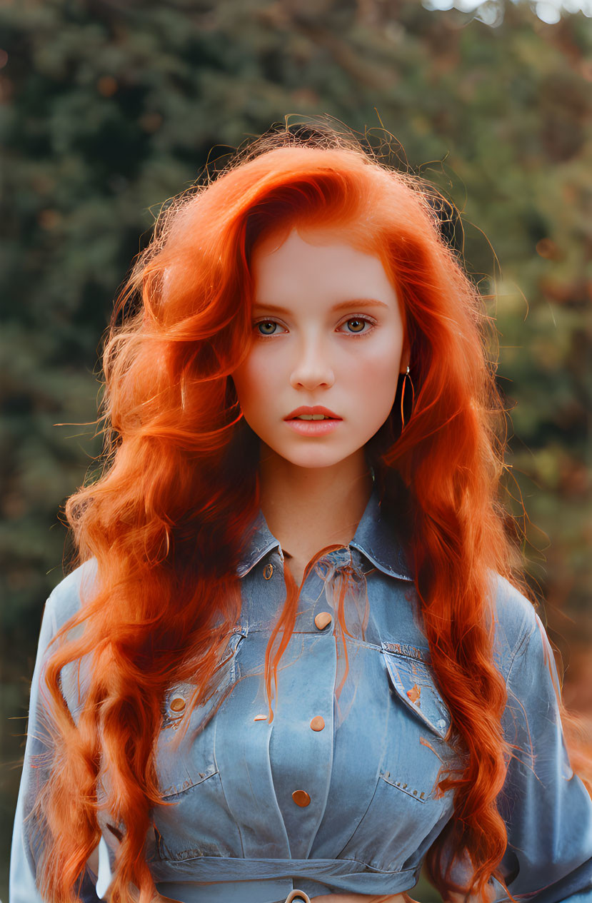 Red-haired woman in denim shirt against green foliage background