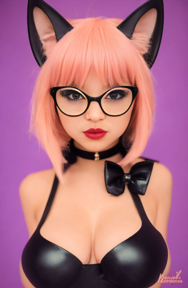 Pink-haired person with cat ears, glasses, bow tie, and black top on purple background