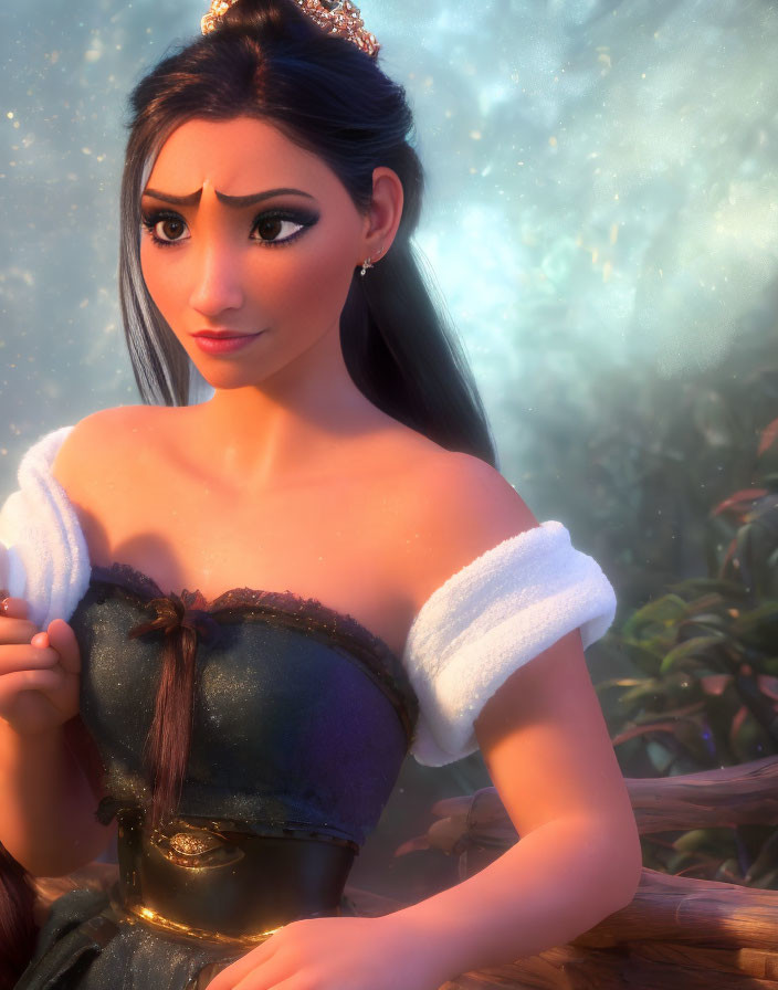 Dark-Haired 3D Animated Character in Tiara Amid Mystical Forest