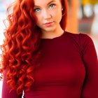 Red-haired woman in red top with blue eyes among autumn leaves