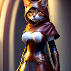 Fantasy-themed illustration of cat with human-like features in red and brown outfit