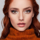 Portrait of Woman with Red Hair and Blue Eyes in Turtleneck Sweater