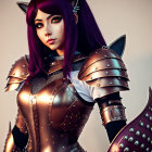 Digital Art: Female Character with Purple Hair, Cat Ears, & Fantasy Armor