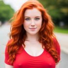 Vibrant red-haired woman in red dress against natural backdrop