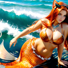 Colorful Mermaid Illustration with Orange Hair and Tail on Rock in Ocean