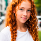 Red-haired woman with braids and freckles in white top, posing outdoors.