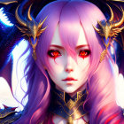 Pink-haired figure in fantasy armor with golden horns under mystical light