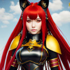 Red-haired female character in black and gold armor under a blue sky