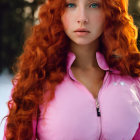 Vibrant red-haired woman in pink jacket under golden sunlight