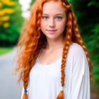 Vivid red-haired woman in white blouse against greenery backdrop