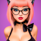 Pink-haired person with cat ears, glasses, bow tie, and black top on purple background