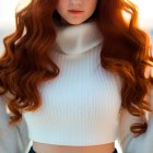 Red-haired woman in white turtleneck and black skirt with serious expression