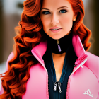 Vibrant red-haired woman in pink and black jacket against blurred nature background