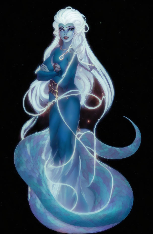 Ethereal mermaid-like creature with serpentine lower body and glowing hair