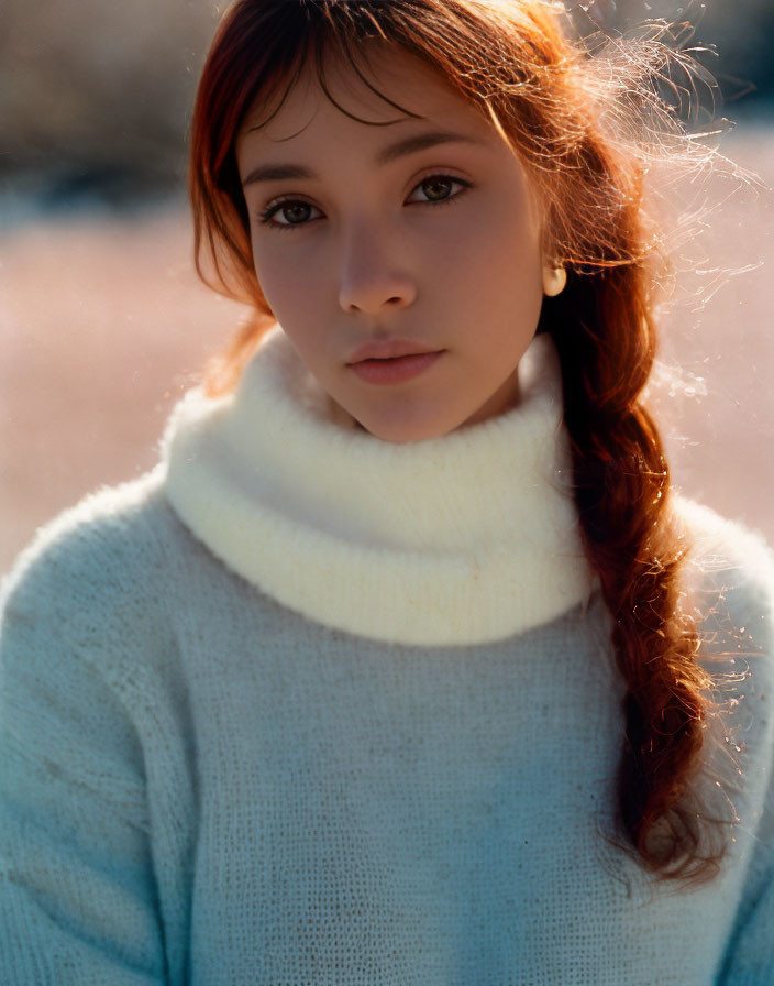 Auburn-haired woman in white turtleneck sweater in soft sunlight