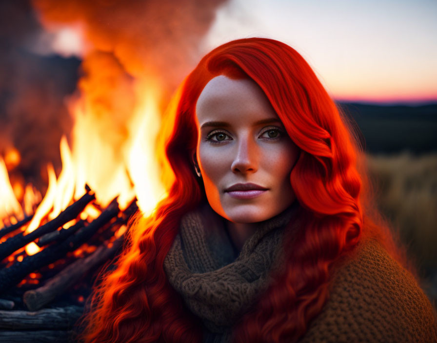 Vibrant red-haired woman at sunset by bonfire in brown sweater.