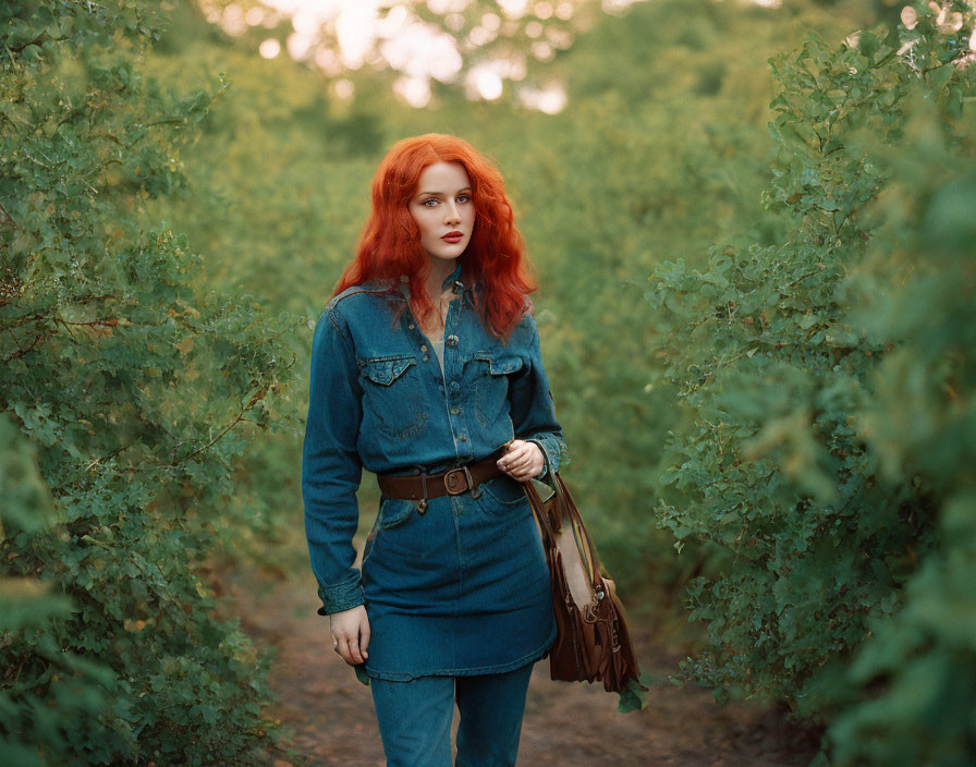 Red-haired woman in denim outfit with brown bag among green foliage