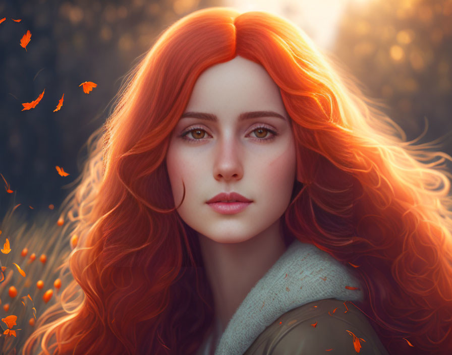 Red-haired woman amidst falling orange leaves in warm sunlight