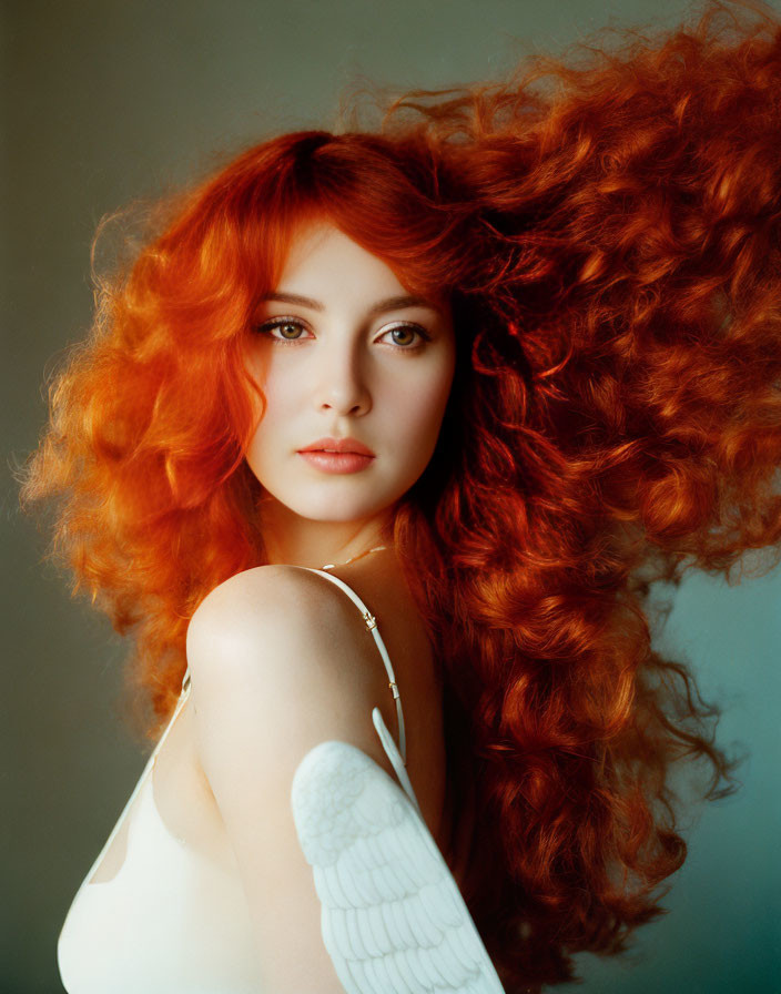 Red-haired woman in white outfit with wing details poses for camera