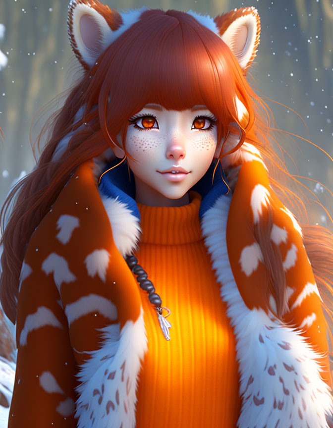 Illustrated character with fox ears and red hair in snowy scene