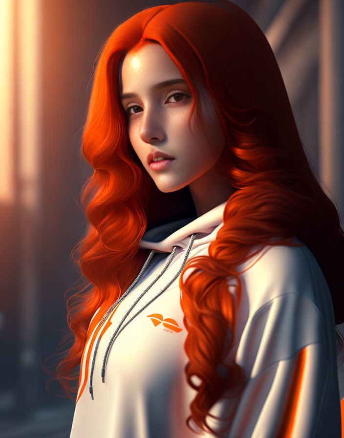 Red-haired woman in white hoodie standing in urban sunlight