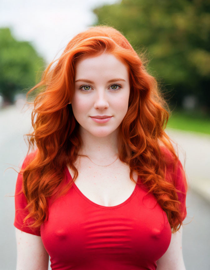 Vibrant red-haired woman in red top outdoors on tree-lined street