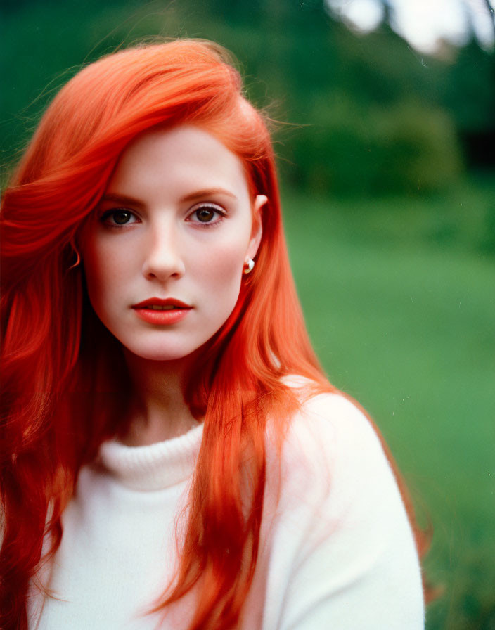 Red-haired woman in white top against green background.