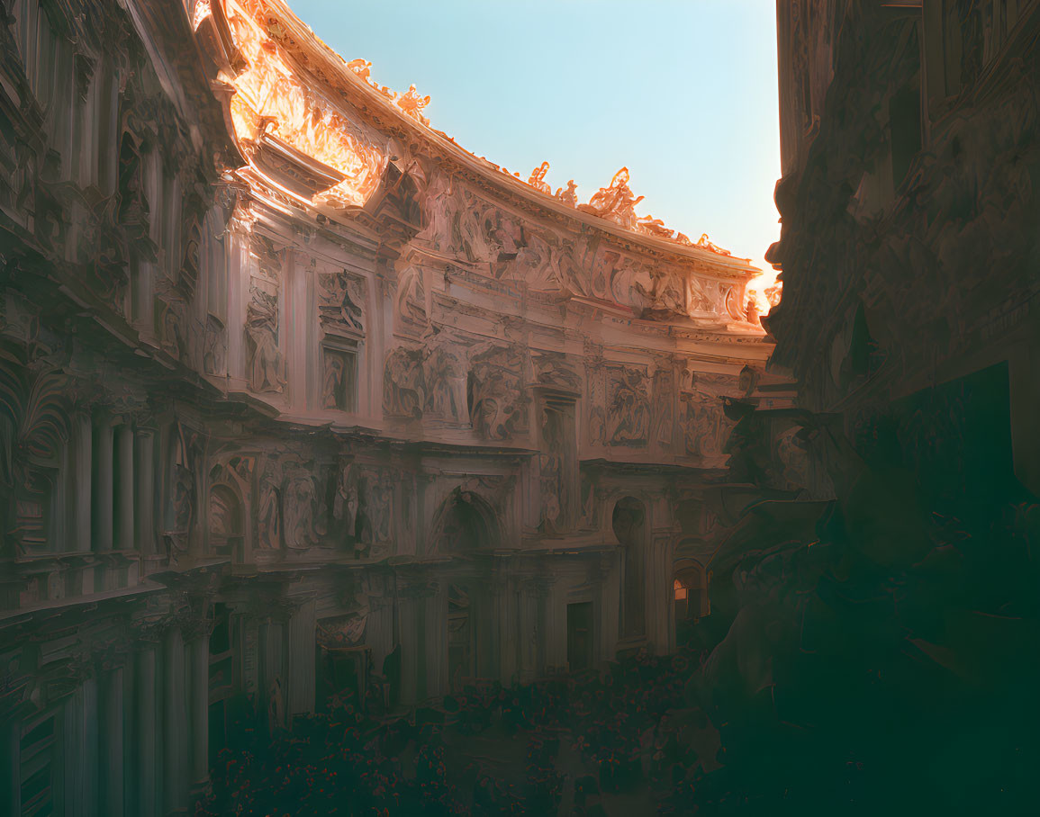 Baroque-style courtyard with intricate sculptures and reliefs in warm sunlight