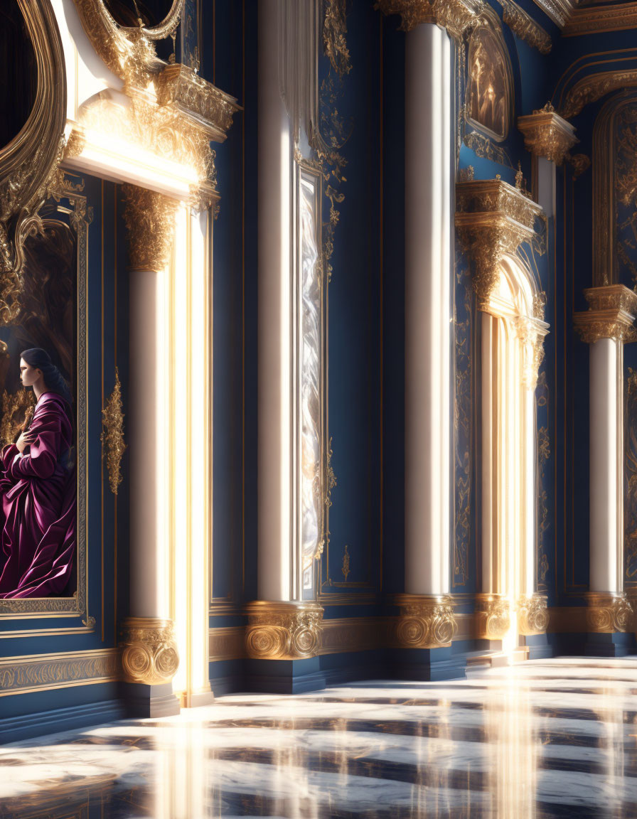 Person in Purple Robe Contemplating in Ornate Room