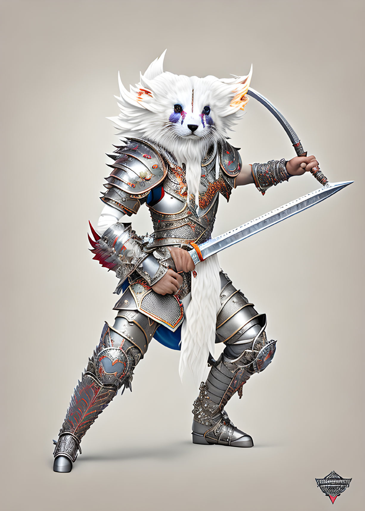 Anthropomorphic feline warrior in ornate armor and curved sword