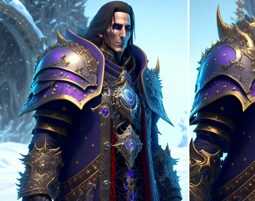 Regal Figure in Dark Armor with Purple and Gold Details in Snowy Forest