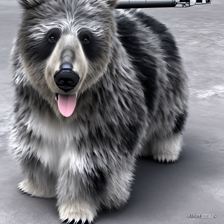 Realistic digital illustration of fluffy black and gray dog on textured surface