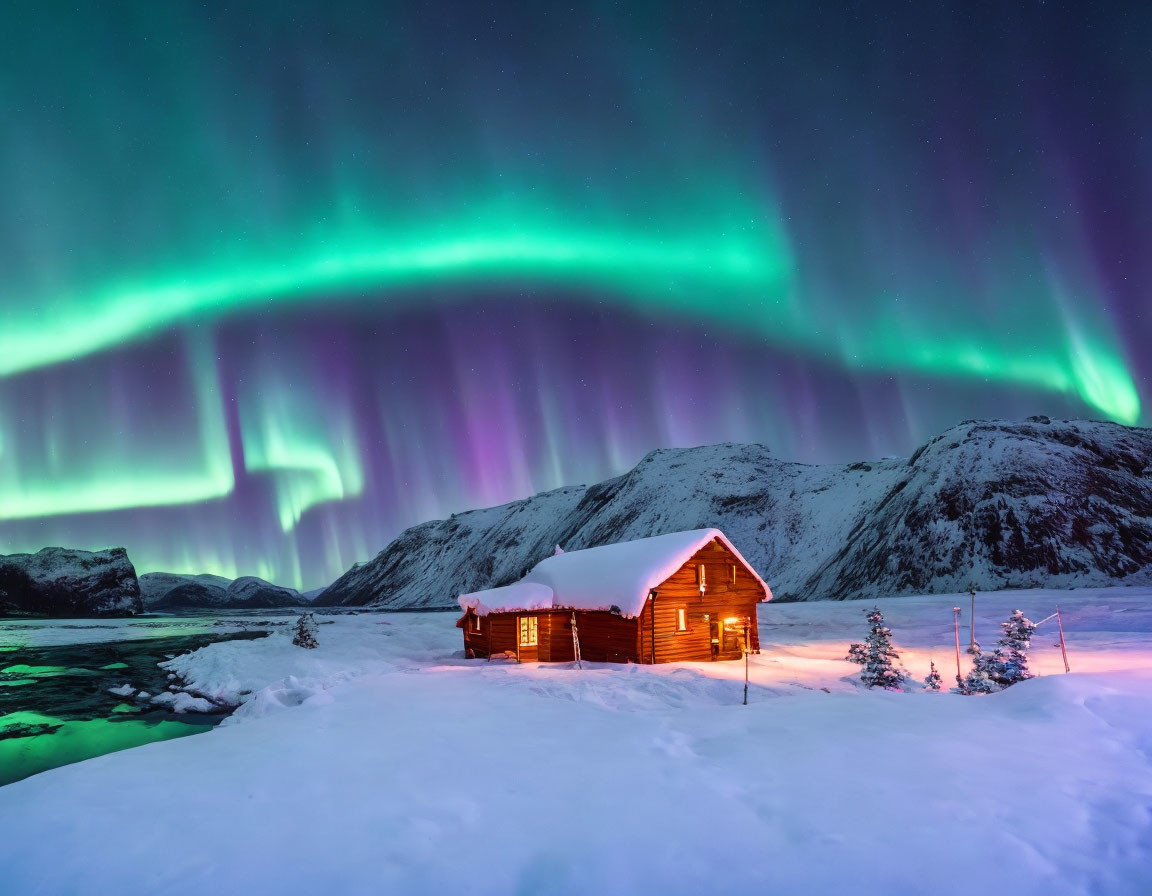 Snow-covered landscape with cozy wooden cabin and vibrant aurora borealis