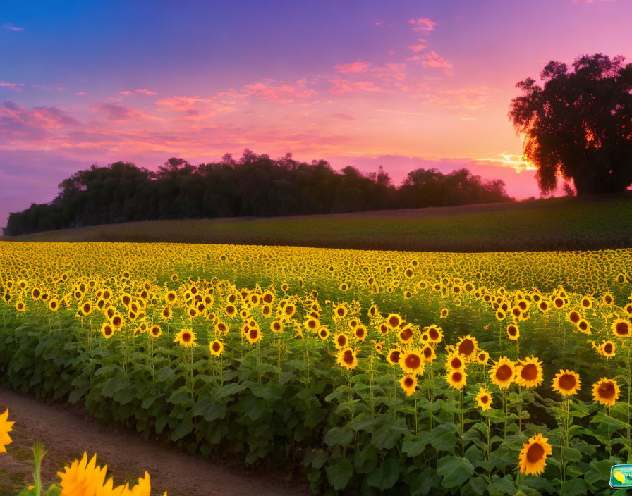 Sunflower Field Sunset Scene with Radiant Skies and Large Tree