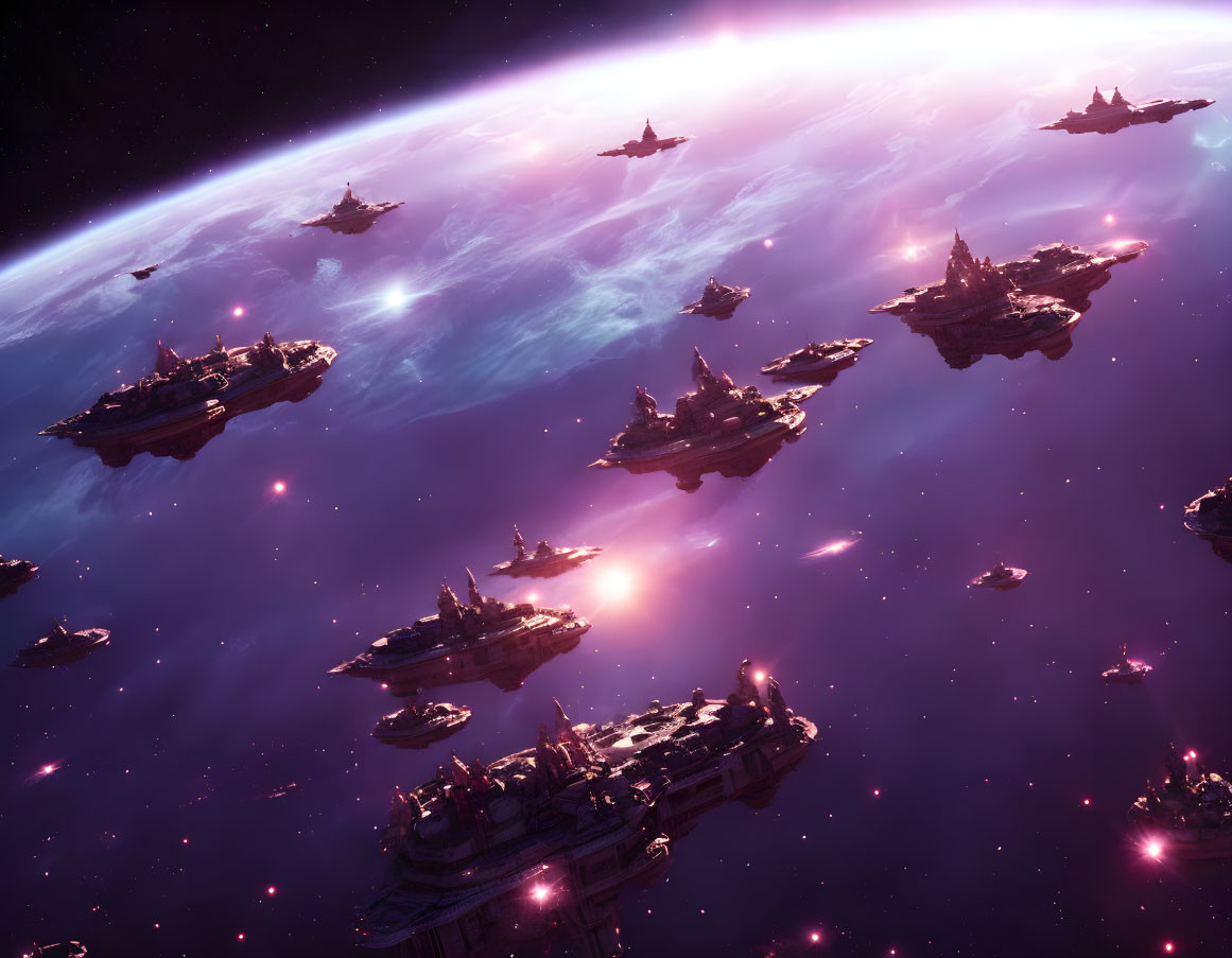 Futuristic spacecraft fleet in deep-space with vibrant nebula