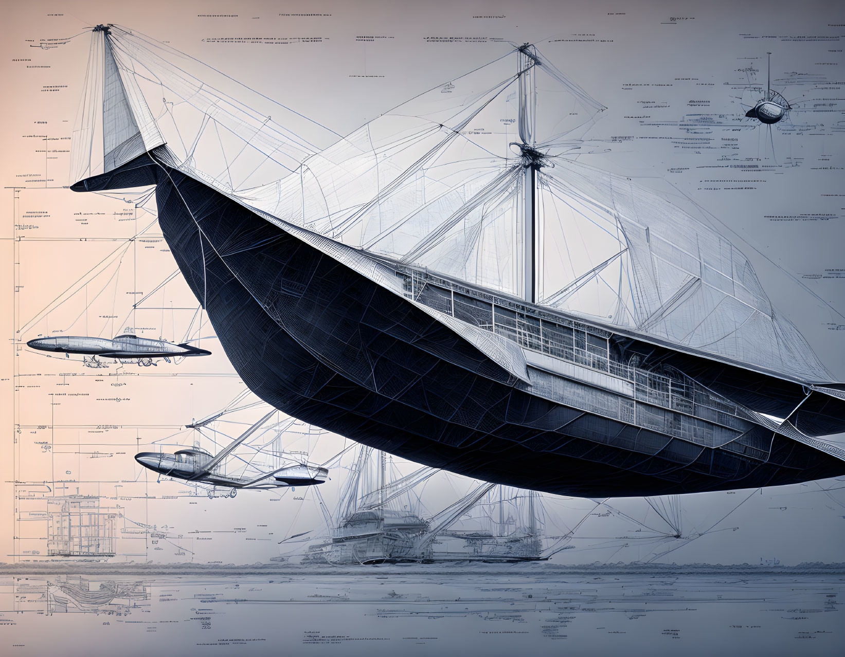 Detailed Blueprint Illustration of Sailing Ship with Technical Schematics