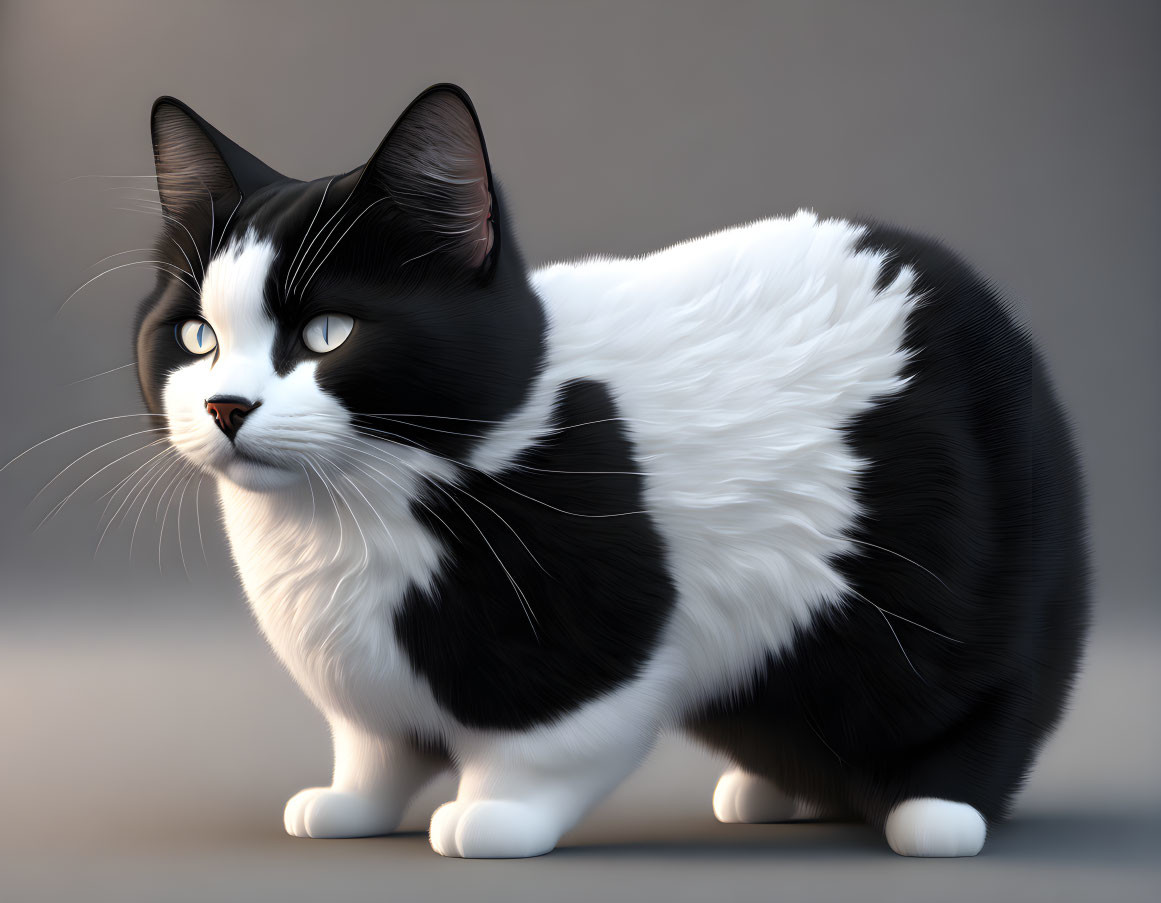 Distinct pattern black and white cat with intense gaze and prominent whiskers on grey background