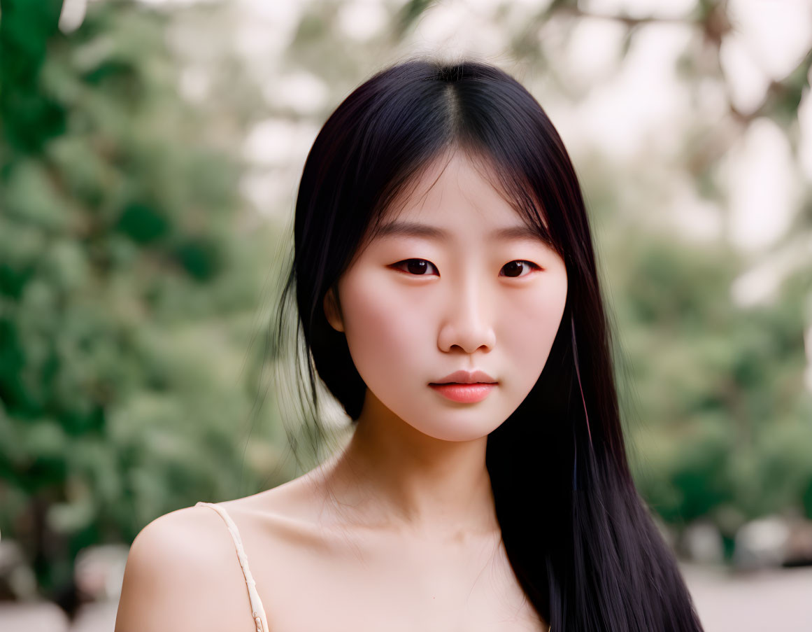 Portrait of young Asian woman with long black hair, fair skin, and dark eyes in sleeveless top