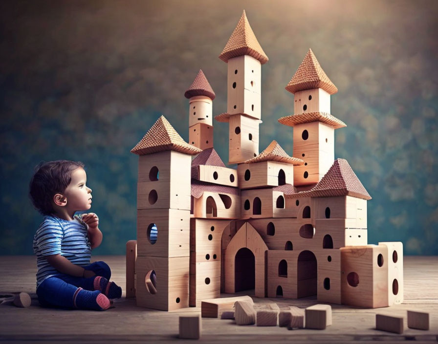 Child admires wooden castle made of building blocks