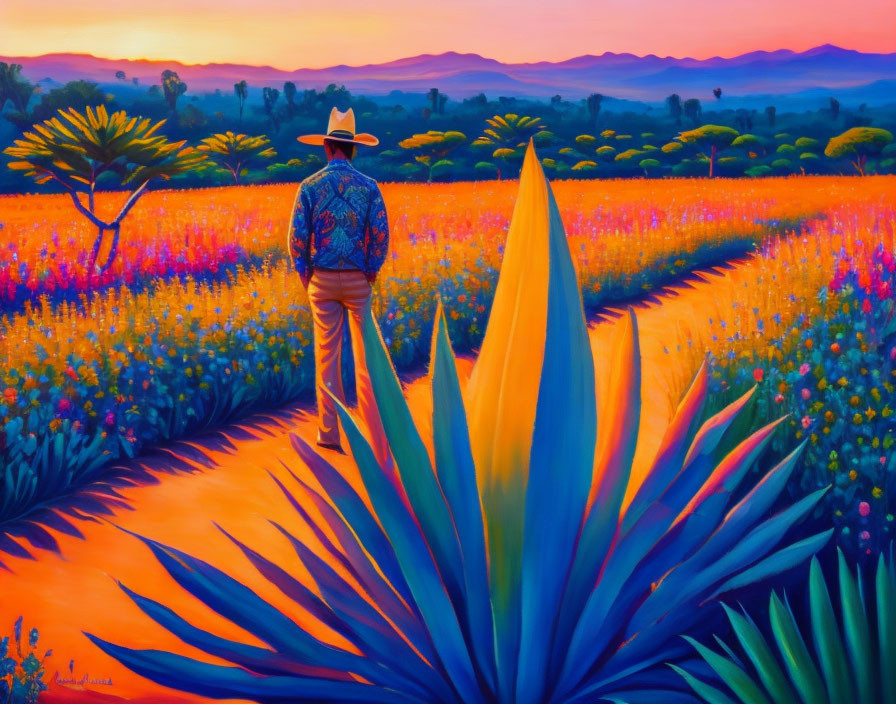 Colorful Sunset Landscape with Person in Hat and Flowers