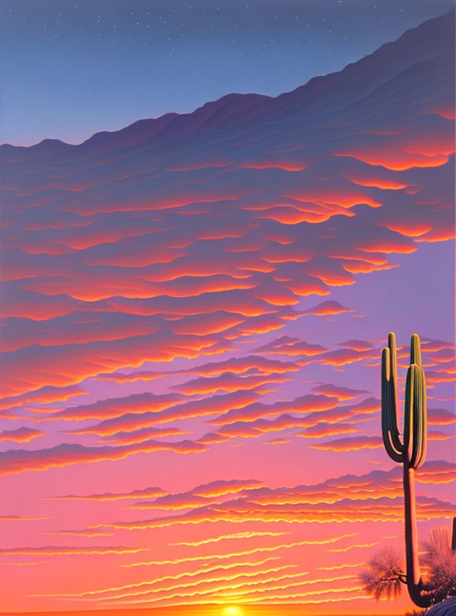 Vibrant desert sunset with lone cactus silhouette