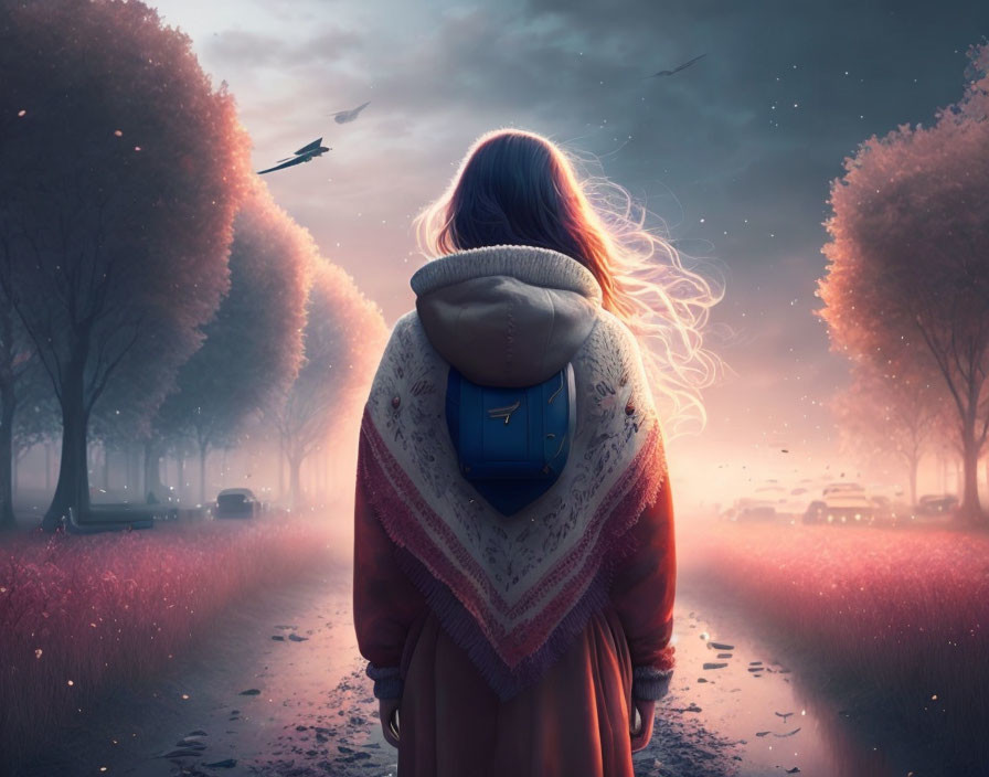 Woman with blue backpack contemplates surreal split path in autumn and twilight scenery