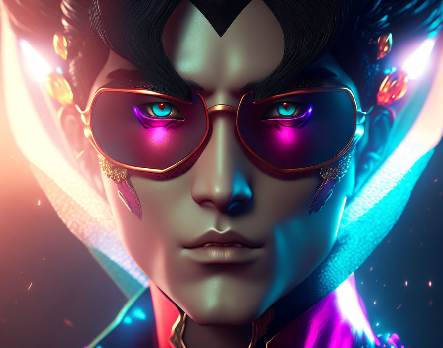 Digital portrait: Person with pink sunglasses, gold & gemstones, cosmic background