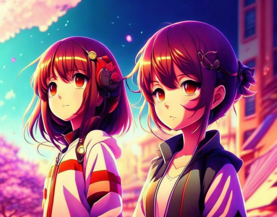 Two Brown-Haired Girls in Orange Hoodie Against Sunset Sky