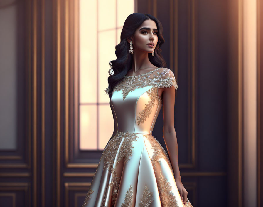 Digital artwork: Woman in elegant gown with golden embroidery against classic backdrop