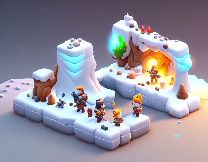 Fantasy winter scene with cute creatures, snow-covered cave, glowing tree