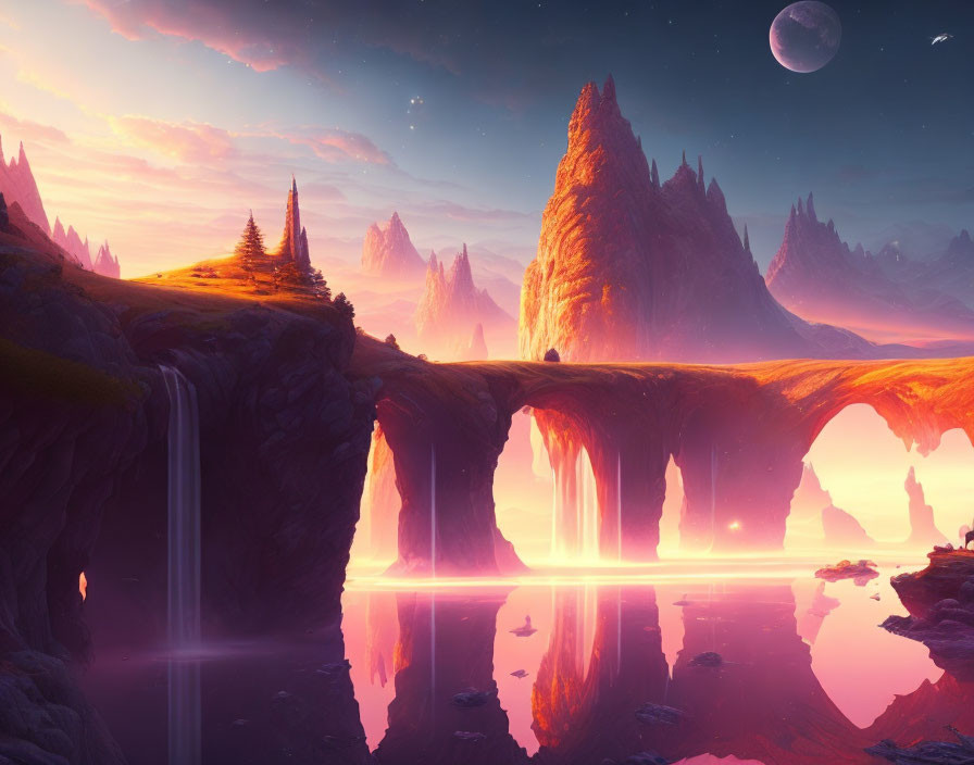 Rock formations and arches over tranquil lake at sunset with looming planets