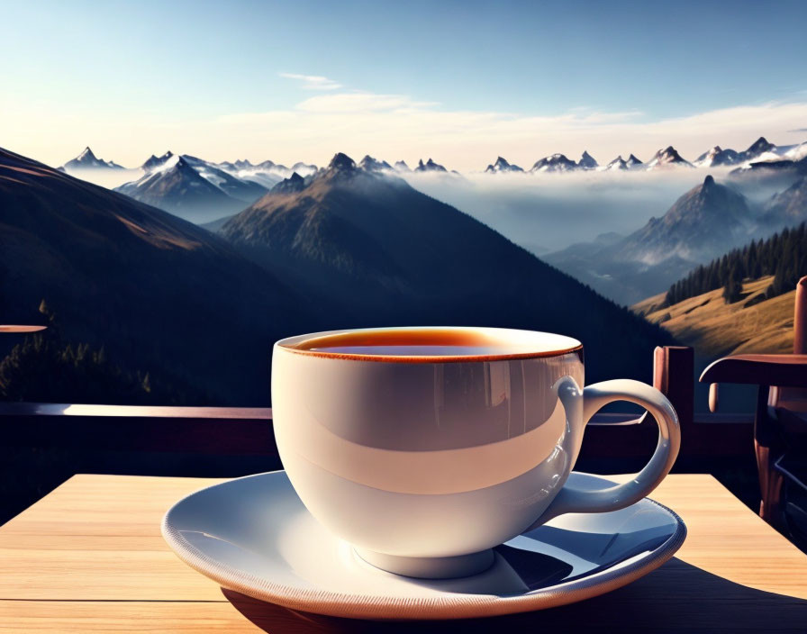 Coffee cup on table with mountain view at sunrise/sunset