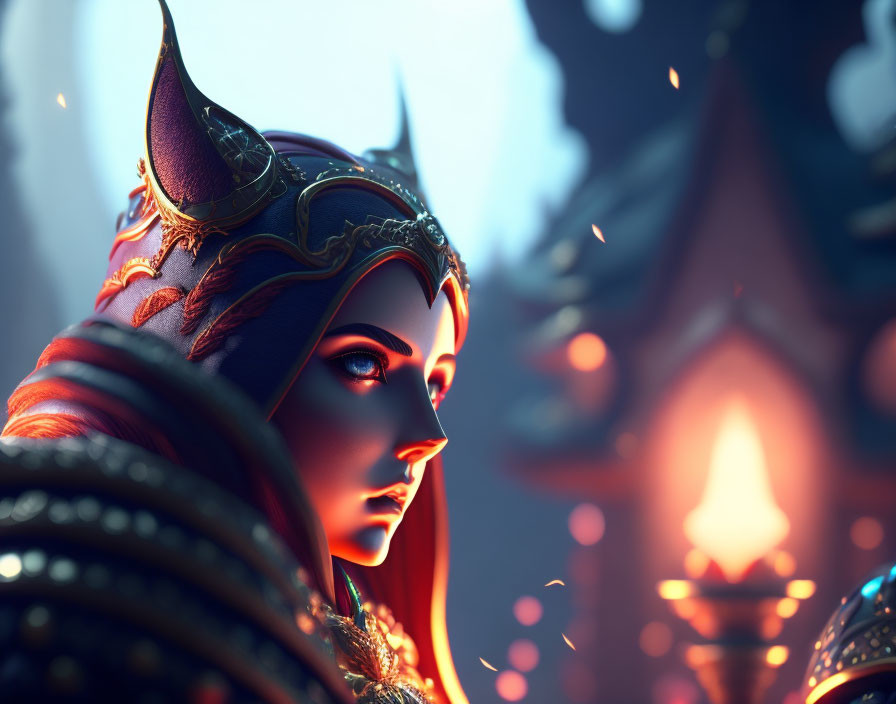 Fantasy female warrior in ornate horned helmet with glowing lighting