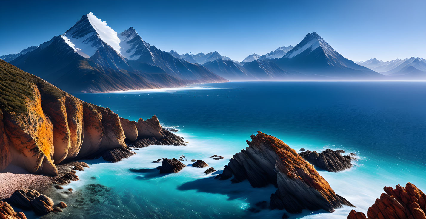 Turquoise Waters, Rugged Shoreline, Snow-Capped Mountains